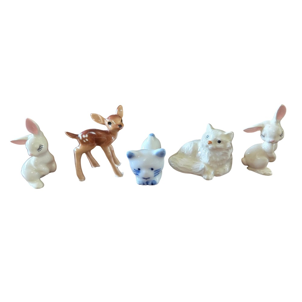 Vintage Miniature Porcelain Animal Figurines Set of 5 Deer Rabbits Cats Glazed